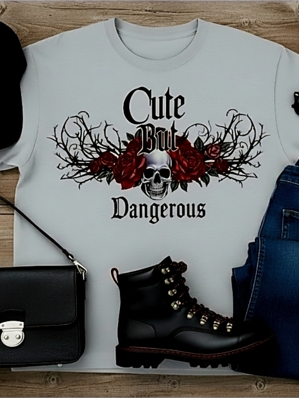 Cute But Dangerous Skull & Roses Tee | Gothic Graphic Shirt | Dark Aesthetic